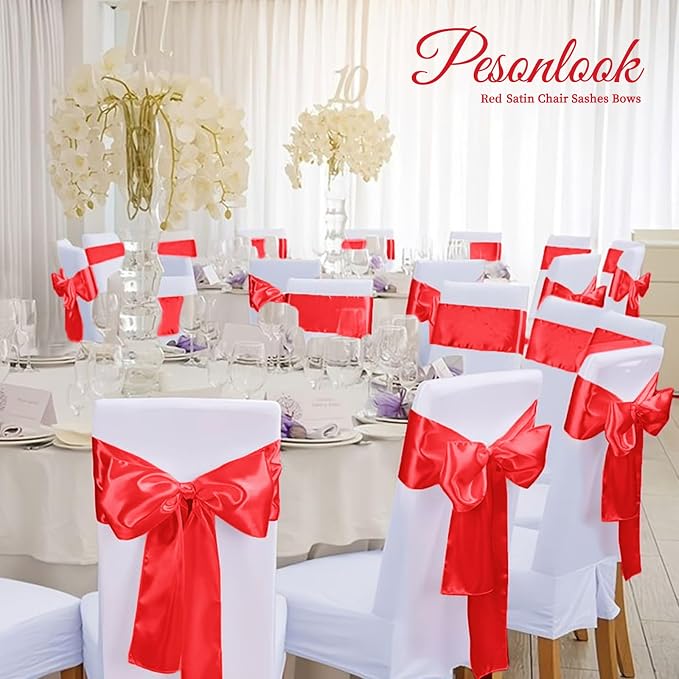 Pesonlook 120 PCS Red Satin Chair Sashes Bows,Satin Chair Sashes Universal Chair Cover for Wedding Reception Restaurant Event Decoration Banquet,Party,Hotel Event Decorations (7 x 108 inch)