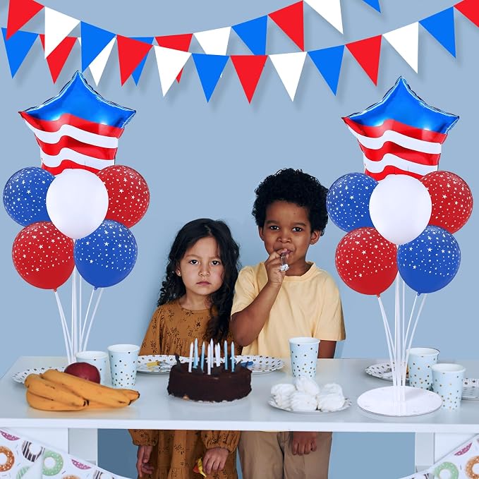 4th of July Balloons Stand Kit 2 Sets with 2 America Flag Star Foil Balloon Patriotic Red White and Blue Party Balloon Centerpiece for Tables for 250th Anniversary Independence Day Party Decorations
