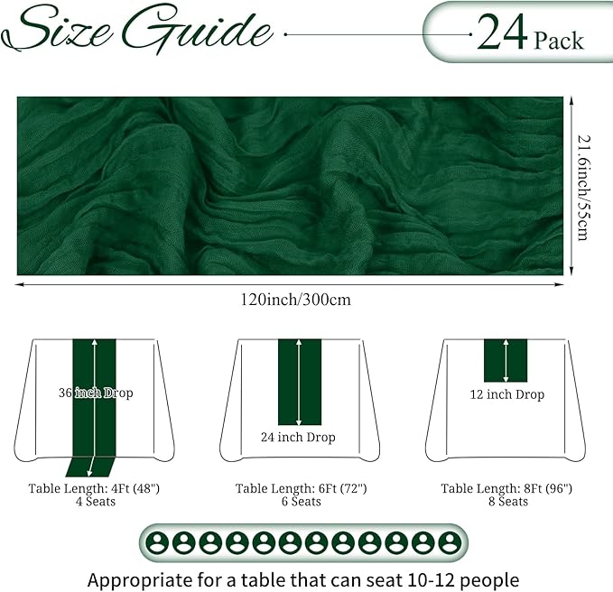 24 Pack Dark Green Cheesecloth Table Runner 10FT Boho Gauze Cheese Cloth Table Runner Rustic Sheer Fabric Table Runners for Wedding Bridal Shower Baby Shower Party(21.5×120 Inch)