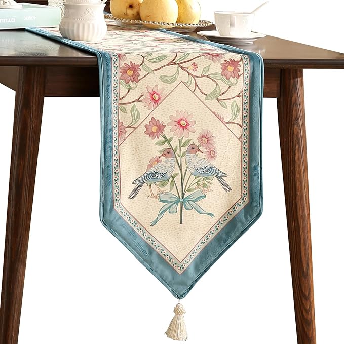 patdrea Designer French Elegant Wild Flowers Velvet Table Runner 102 Inch Long, Beige Pink Floral Table Mat, Decoration for Kitchen Dining Coffee Table Cabinet Banquet Thanksgiving,12"*102"