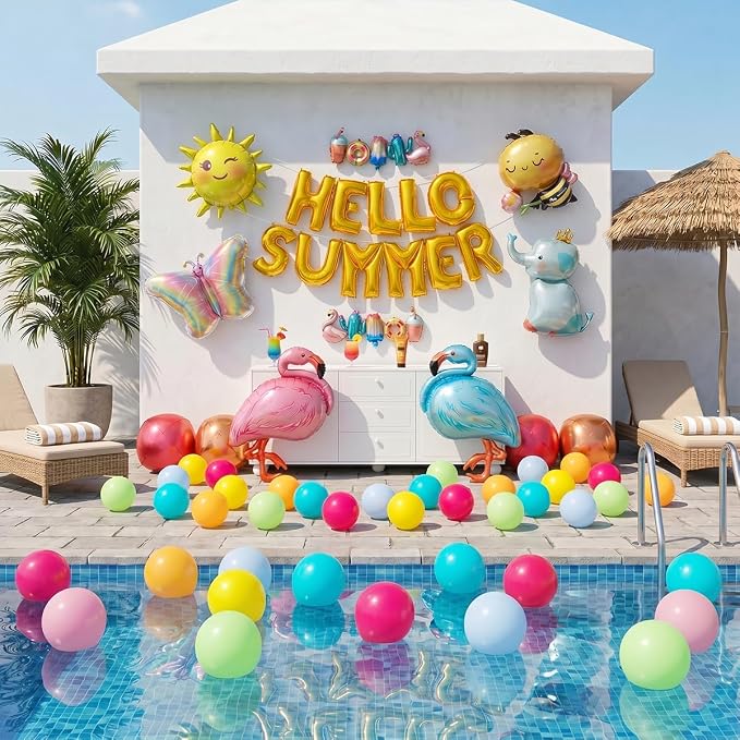 102 PCS "Hello Summer" Foil Balloon Decoration Kit, Tropical Summer Party with Flamingo Elephant Butterfly Mylar Balloons All-in-One Set, Gold Letter for Pool Party, Beach Party, Summer Decor