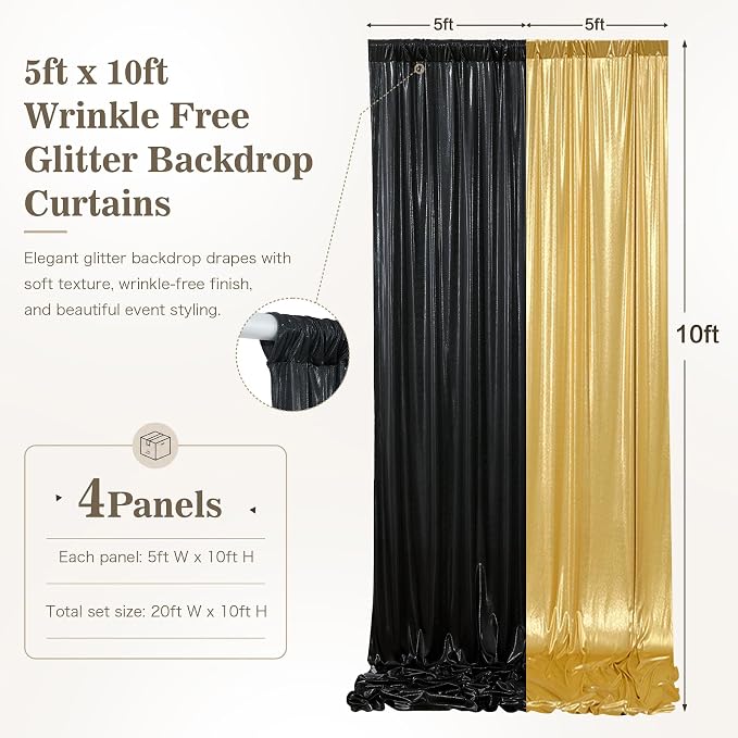 20ft x 10ft Gold Black Sequin Backdrop Curtain for Parties, Wrinkle Free Glitter Photo Backdrop Drapes 4 Panels 5x10ft Back Drop Cloth for Wedding Photography Background