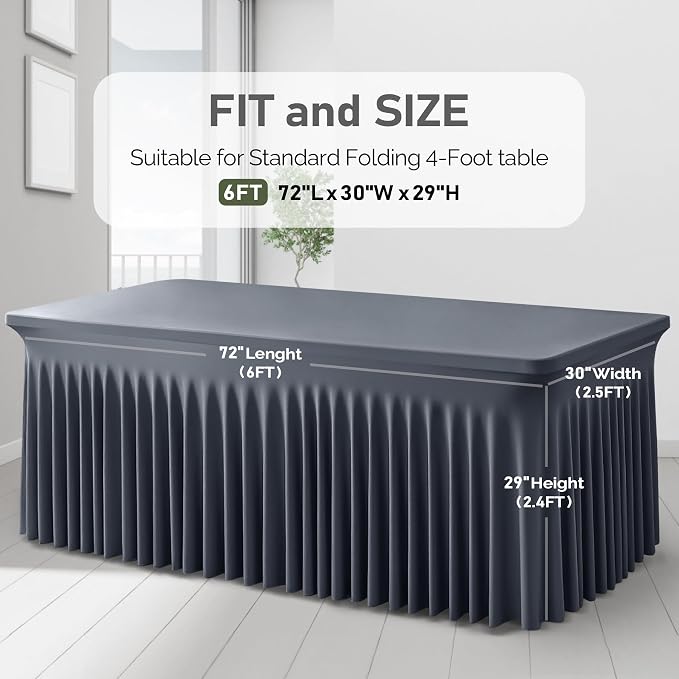 1 Pack Grey Table Clothes for 6 Foot Rectangle Tables, One-Piece Wrinkle Resistant Stretch Spandex Table Covers with Skirt for Event Banquet Wedding Birthday Party
