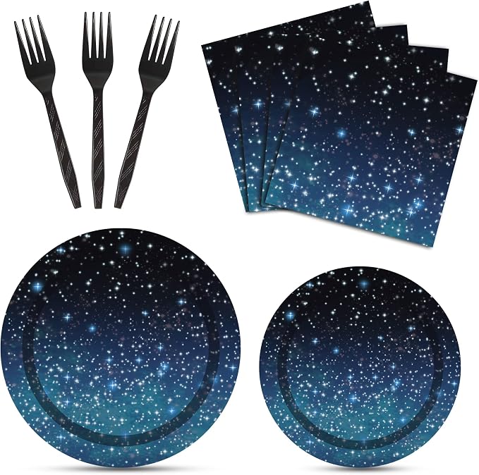 96 Pcs Galaxy Party Starry Night Supplies Tableware Set Outer Space Theme Birthday Star Party Table Decorations Solar System Paper Plates Napkins Forks for 24 Guests