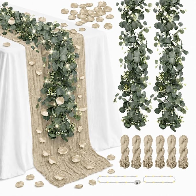 Cinrobiye 11PCS Boho Cheesecloth Table Runner Set with Rose Petals, 120'' Gauze Table Runner, Wrinkled Napkins, Eucalyptus Garland and String Lights for Wedding Baby Shower Tea Party Decorations