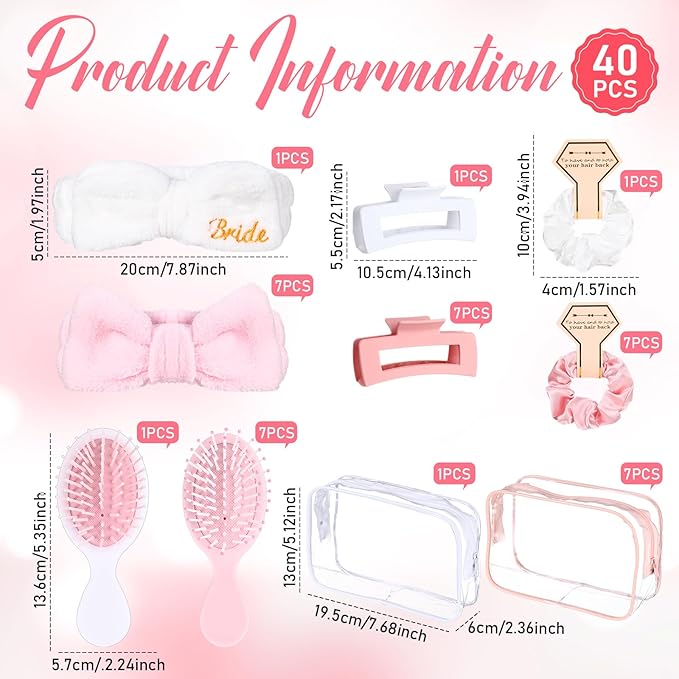 40 Pcs Bachelorette Favor Set Include Headband Scrunchies Hair Claw Clips Hairbrush and Makeup Bag for Bridal Shower Party Gifts Bridesmaid Wedding Supplies (White and Pink)