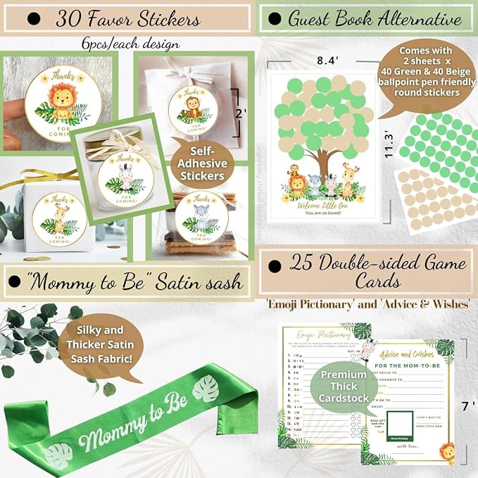 207 Pc Jungle Baby Shower Decorations for Boy - Safari Theme Party Kit | Safari baby shower decor for boy - balloons, banner, animal cutouts, paper fans, guest book, games & sash; easy 15-min setup