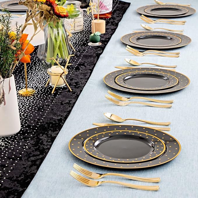 DaYammi 200Pcs Gold and Black Plastic Plates with Silverware,Black Disposable Plates for Party Black Gold Supplies Includes 40 Dinner Plate,40 Dessert Plate,40 Forks,40 Knives,40 Spoons for Party