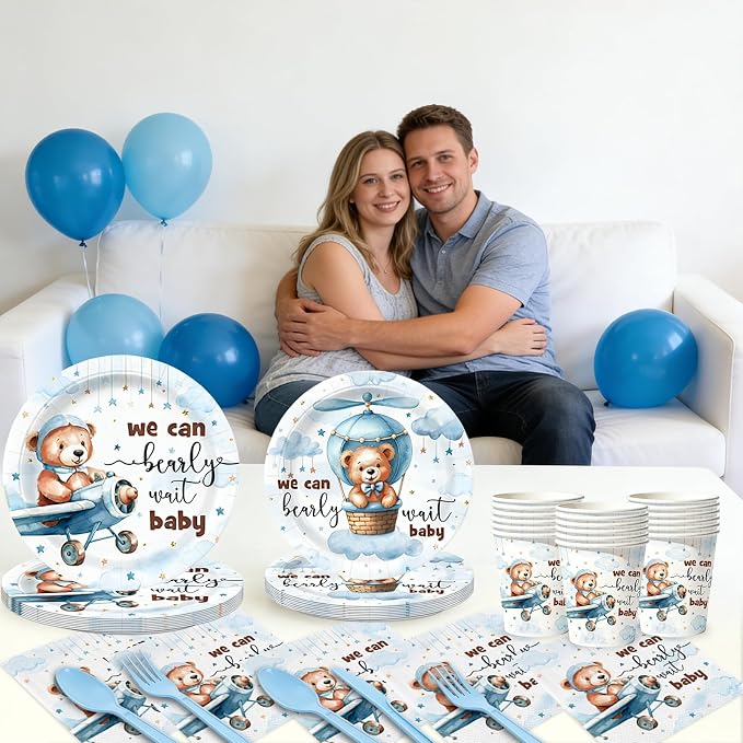 168pcs We Can Bearly Wait Plates Napkins Bear Baby Shower Party Supplies Disposable Tableware Set Teddy Bear Baby Shower Party Decorations Serve 24 Guests