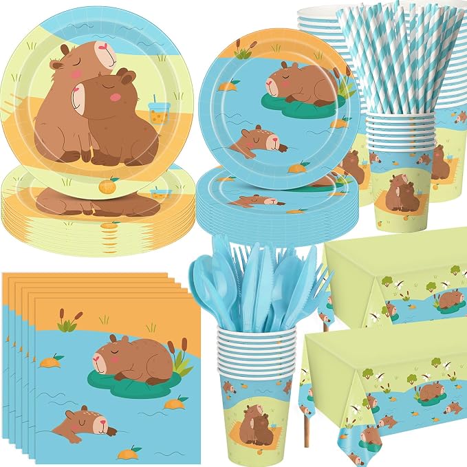 Funnymoom 452 Pcs Capybara Birthday Decorations for 50, Capybara Paper Plates Napkins Cups Cutlery Tablecloth Cutlery Straws for Cute Animal Tableware Birthday Party Supplies