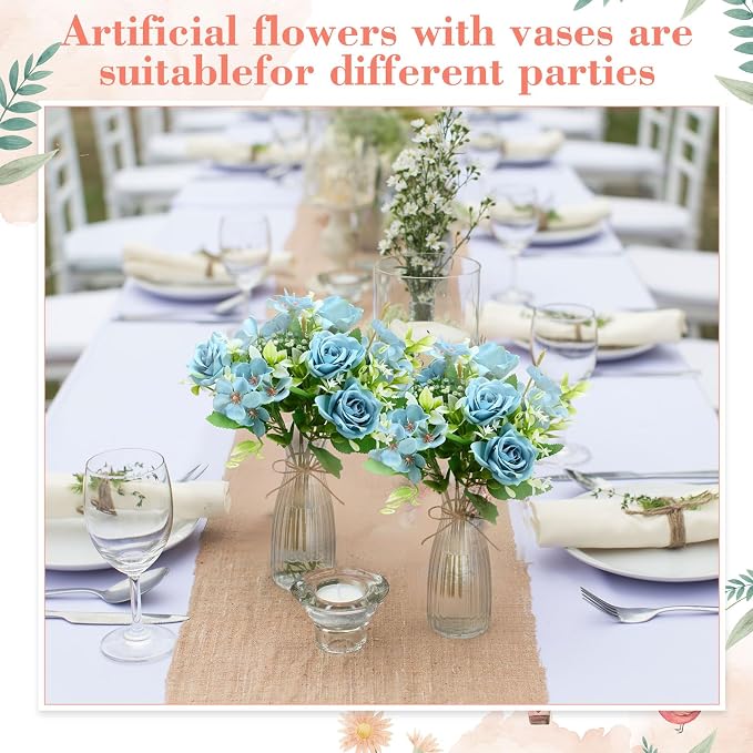 Thiccywoov 36 Pack Artificial Mini Rose Flowers with Vase Bulk, 24 Bundles Silk Rose Flower Artificial Bouquet 12 Plastic Vase with Rope Table Centerpiece Arrangement Wedding Party Deco (Blue)