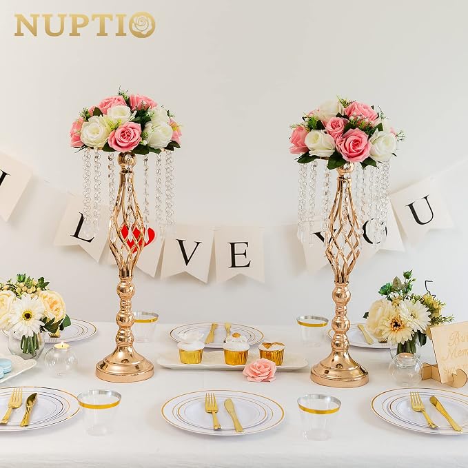 Nuptio 10 Pcs Crystal Flower Stand Wedding Centerpieces for Tables, 21.7in/55cm Tall Elegant Metal Flower Arrangement Stand, Tabletop Metal Flower Vase for Wedding Party Dinner Event Hotel Home Decor