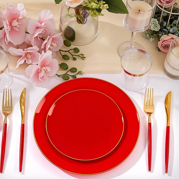 DaYammi 150Pcs Red Plastic Plates & Gold Cutlery with Red Handle,Red Disposable Plates Set Include 30 Dinner Plate, 30 Dessert Plate,30 Knives,30 Forks,30 Spoons for Mother's Day Party Wedding