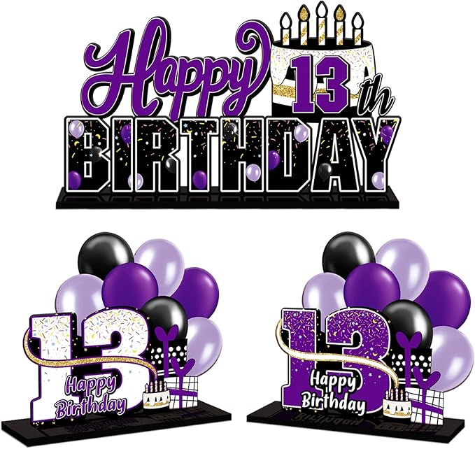 LINGTEER Happy 13th Birthday Purple Acrylic Table Topper Centerpieces Set - Cheers to Thirteen Years Old Birthday 13th Bday Party Gift Decorations.