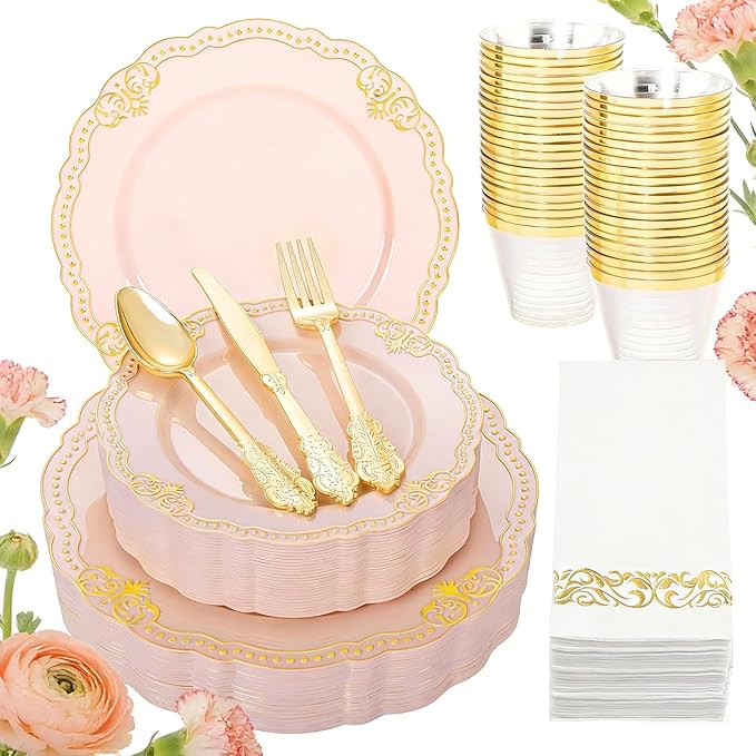 Ciaell 175 PCS Pink and Gold Plastic Plates - Fancy Gold Disposable Dinnerware Set with of 50 Plates, 25 Knives, 25 Forks, 25 Spoons, 25 Cups, 25 Napkins for Party & Weddings & Mother's Day
