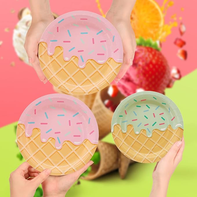DYLIVeS 132 Pcs Ice Cream Birthday Party Supplies, Ice Cream Disposable Tableware Set Party Table Decorations for Girl, 9'' and 7'' Plates, Napkins, Cups, Forks, Banner, Serves 24