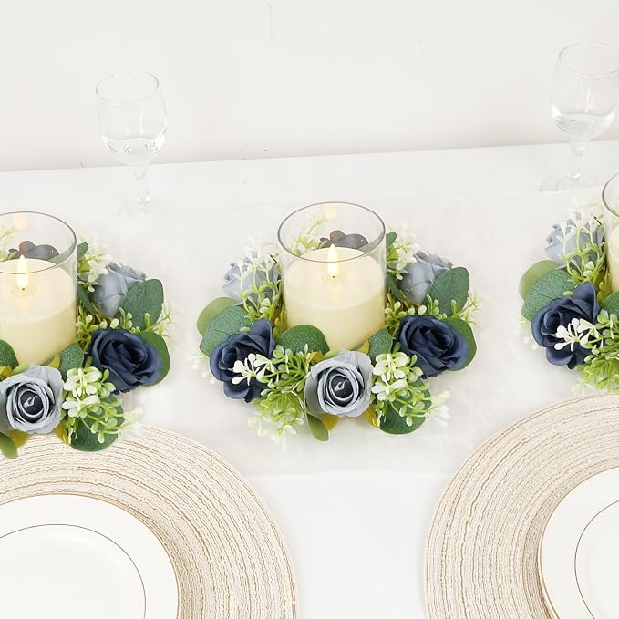 Blue Rose Candle Rings with Flameless Candles Sets - 24PCS Artificial Flower Eucalyptus Wedding Centerpiece 3 Inch Pillar Candleholders Wreaths for Wedding Party Decor (Blue - 12 Sets)