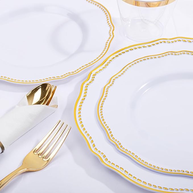Hioasis 350pcs White and Gold Plastic Plates - Gold Plastic Dinnerware Set Includes 50 Dinner Plates, 50 Dessert Dinnerware, 50 Cups, 50 Rolled Napkin Cutlery Perfect for Wedding & Party