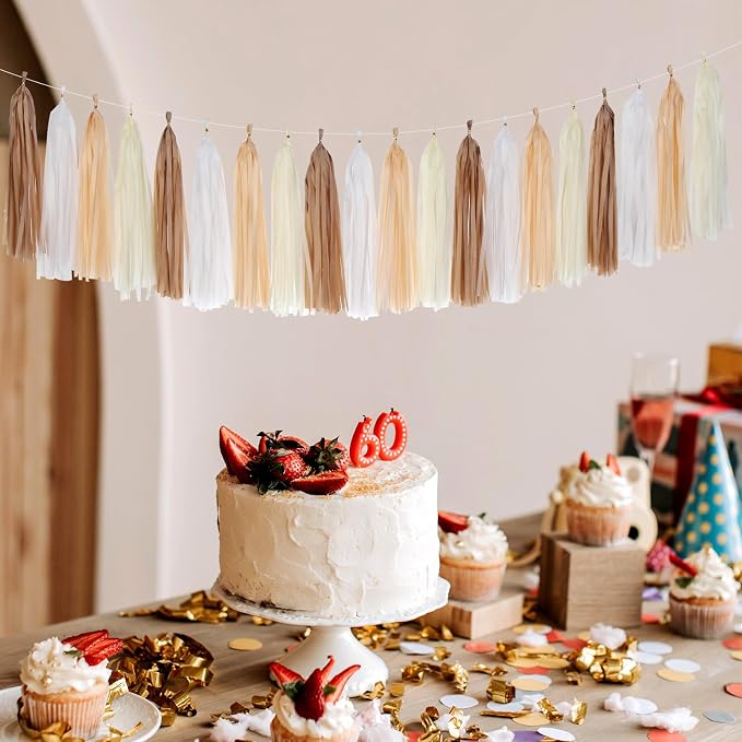 Boho Baby-Shower White-Brown Champagne Fall Party-Decorations - 33pcs Banner,Streamers Tassel Garland,Tissue Pom Poms Honeycomb,Paper Lantern Fan,Autumn,Bridal,Christmas,Birthday,Wedding Decor Hugtmr