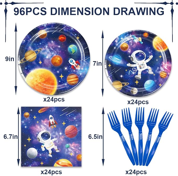 96Pcs Space Birthday Decorations Solar System Paper Plates and Napkins Supplies for Astronaut Baby Shower Decor Blue Galaxy Planet Birthday Tableware Set Space Themed Party Decorations