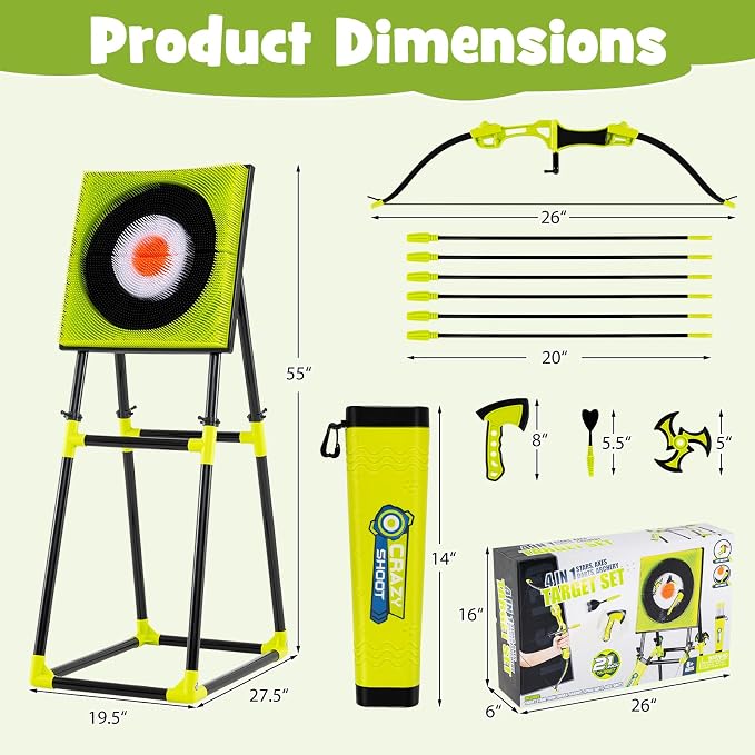 Costzon Axe Throwing Target Game for Backyard, 4 in 1 Kids Throwing Game w/5 Arrows, 3 Throwing Axes, 3 Ninja Darts, 3 Darts, Bristle Target & a Bow -Boys & Girls Indoor Outdoor Carnival Game Gifts