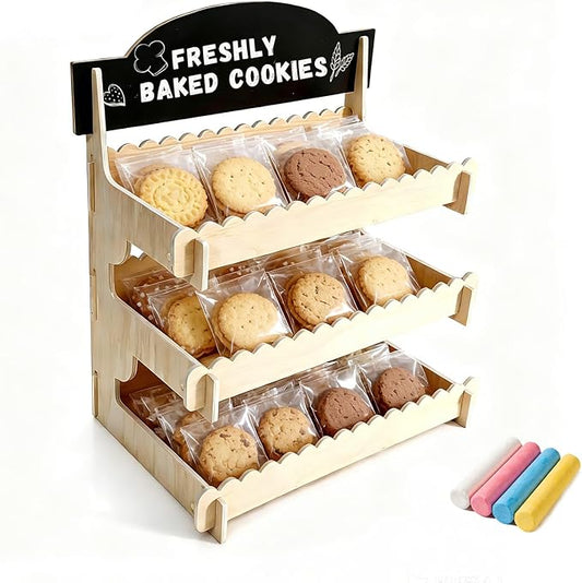 Cookie Display Stand for Vendors,Wooden Bakery Display Stand for Bakers,Tool-Free Stand with Chalkboard Sign for Market Booths &Craft Fairs.Tiered Dessert Stand for Cupcakes, Muffins & Pastries.Easy Assembly Fit for Small Shop & Events.