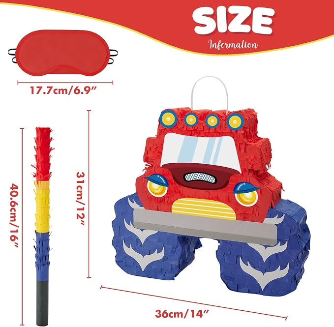 WERNNSAI Truck Piñata - Monster Truck Piñata Bundle with Blindfold and Bat for Boys Kids Theme Party Decoration Supplies Cool Car for Birthday Party Carnival Celebration Game