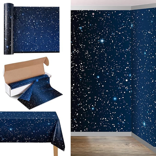 Oudain 54 Inch x 100 ft Galaxy Backdrop Decoration Starry VBS 2026 Wall Backdrop Space Tablecloth Roll with Cutter Box Plastic Table Cover Star Party Supplies for Birthday Home Decorations