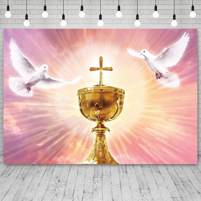8x6ft Cross Backdrop Peace Dove Gold Chalice Photography Background Jesus Christ Easter Holy Spirit Bird Heaven Banner Decorations School Church Party Event Portrait Photo Booth Prop