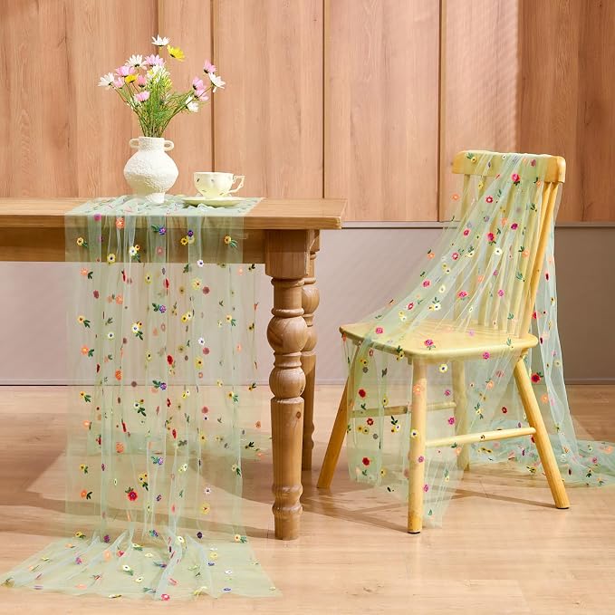 QueenDream Flower Tulle Table Runner 10FT Sage Green Gauze Table Runner with Embroidery Daisy Rustic Vintage Fabric 3 Packs