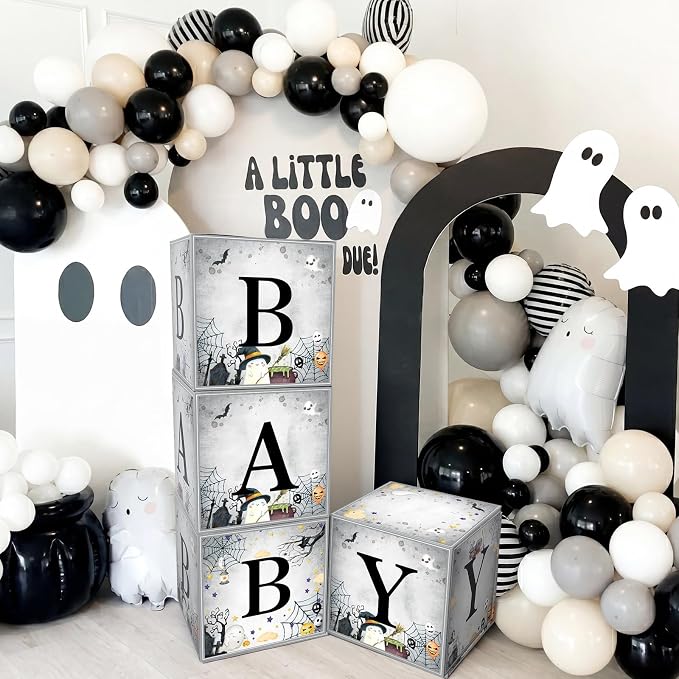 AmazingSpark 4 Pcs Halloween Little Boo Baby Shower Boxes with Letters Ghost Balloon Boxes Decor Blocks Baby Shower Centerpiece for Happy Boo Day Birthday Party Supplies Photography Prop