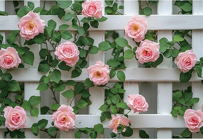 Baocicco 12x10ft Flowers Fence Backdrop Photography Pink Rose Green Leaves White Spring Floral Farmhouse Background for Bridal Shower Wedding Birthday Party Backdrops Decoration Photo Prop Photoshoot
