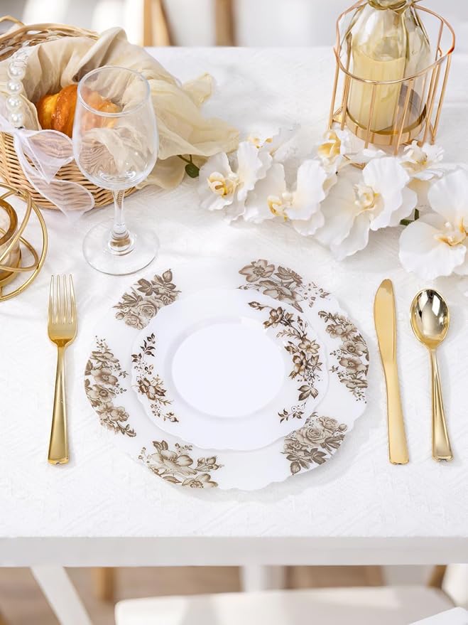 WDF 20PCS Brown Plastic Plates - Baroque White and Brown Floral Plates - Floral Party Decorations for Birthdays/Tea Party/Showers