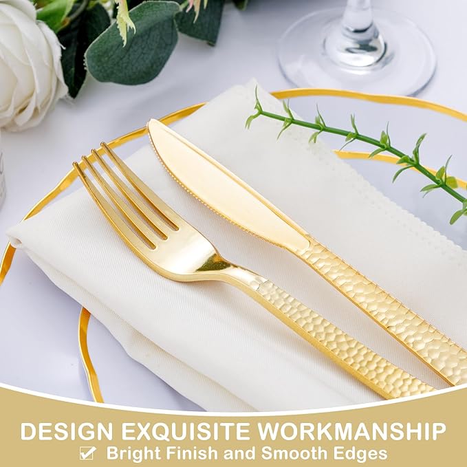 Supernal 180pcs Gold Plastic Silverware Set, Heavy Duty Disposable Cutlery for 60 Guests，Hammered Gold Utensils with 60 Forks, 60 Spoons, 60 Knives for Wedding, Party & Catering