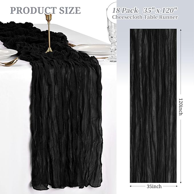 Showgeous 18 Pack Black Cheesecloth Table Runner Gauze Table Runner 10FT Long Semi-Sheer Table Runner Boho or Rustic Wedding Table Decor for Wedding Decor Arch Draping Bridal Shower Holiday Party