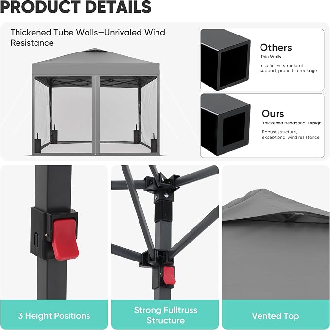 GDY 10x10 Pop-up Canopy Tent with 4-Mosquito Nettings, Outdoor Screen Gazebo with 4 Sandbags, 4 Ropes & 8 Stakes, 3-Level Height Adjustment for Patio, Camping, and Backyard, Grey