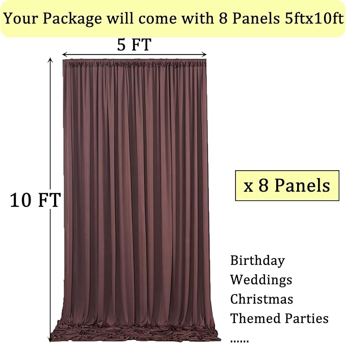 40ft x 10ft Wrinkle Free Brown Backdrop Curtains for Parties, 8 Panels 5x10ft Thick Fabric Backdrop Drapes for Wedding Party Background Birthday Decoration