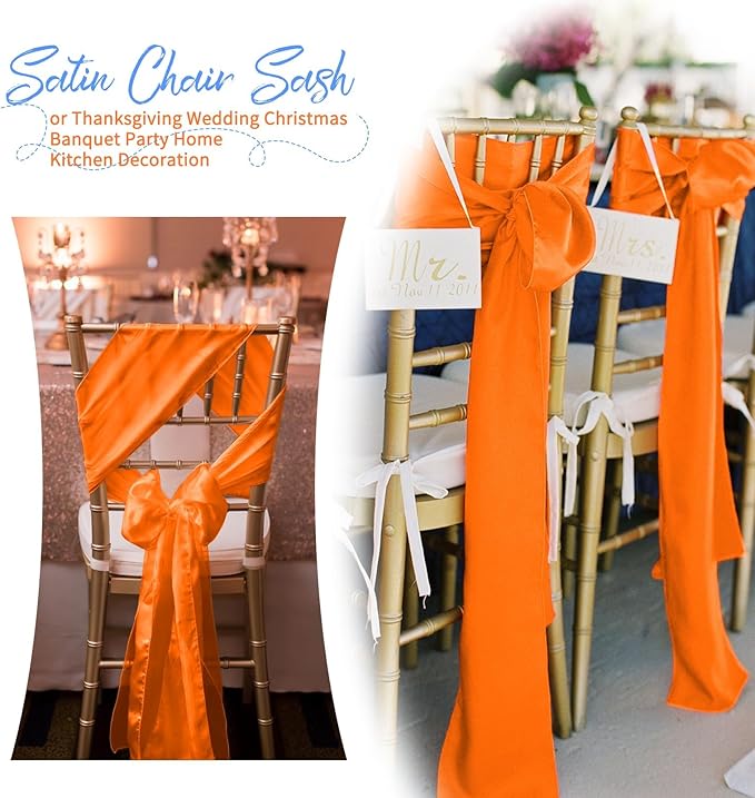 60 PCS Orange Satin Chair Sashes, Ties Bows Designed Chairs Decorative, Chair Cover Sashes for Thanksgiving Wedding Christmas Banquet Party Home Kitchen Decoration (7 x 108 inch)