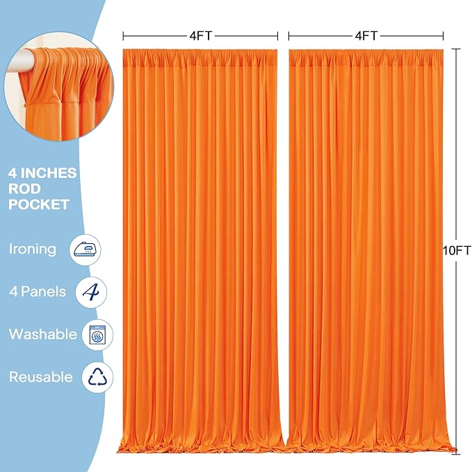 4 Panels Orange Backdrop Curtains - Wrinkle Free Fabric Backdrop Curtain for Photoshoot, 10FT Wedding Party Photo Backdrop Drapes for Birthday Baby Shower Photography Stage Background Decorations