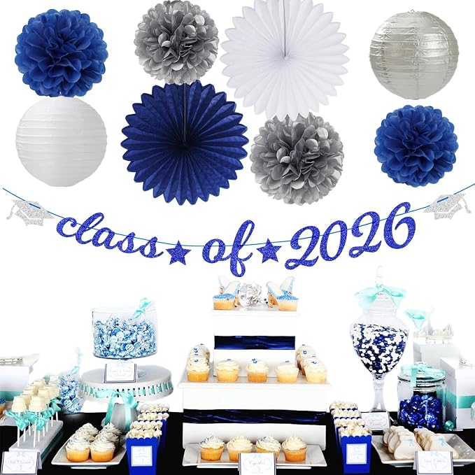 2026 Blue Class-Congratulations Prom Graduation Party-Decorations - 22pcs High School College Grad Supplies Decor,Royal Navy White Silver Tissue Pom Poms Streamers, Paper Flowers Lanterns Hugmoon