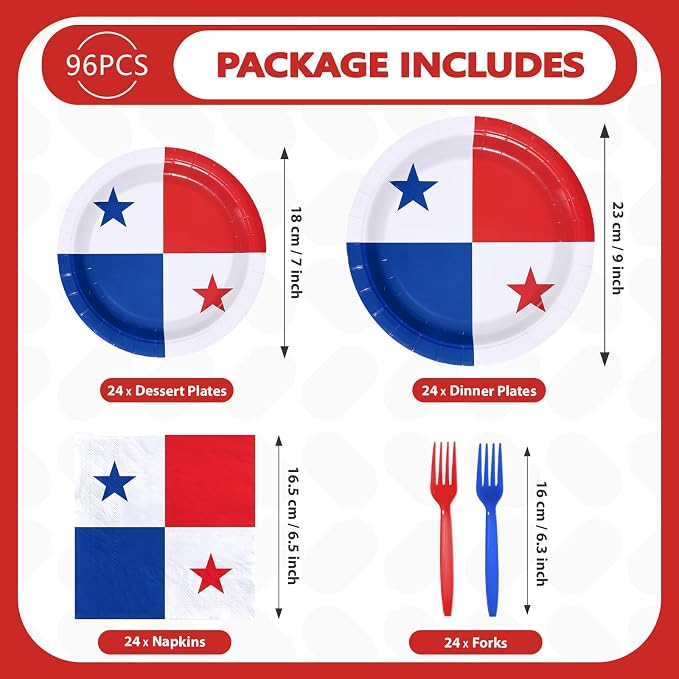 96Pcs Panama Flag Party Supplies Panama Theme Plates and Napkins National Flag Disposable Paper Tableware Set for Soccer Sports Events Patriotic Festival Brithday Party Decoration Serves 24