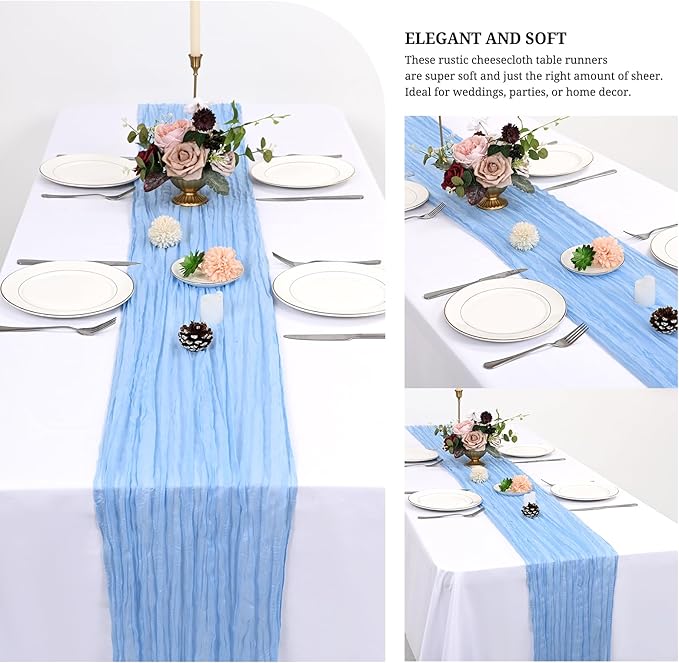 24 Pack Light Blue Cheesecloth Table Runner 120 inch Fall Thanksgiving Boho Rustic Gauze Farmhouse 10FT Cheese Cloth Runner for Baby Shower Wedding Party Holiday Home Decor