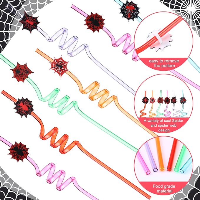 Maxcheck 24 Sets 16 oz Spider Party Favors Goodie Cups with Colorful Lids and Straws for Birthday Decorations Reusable Plastic Candy Cups Bulk Plastic Straws for Birthday Party Celebration Gifts