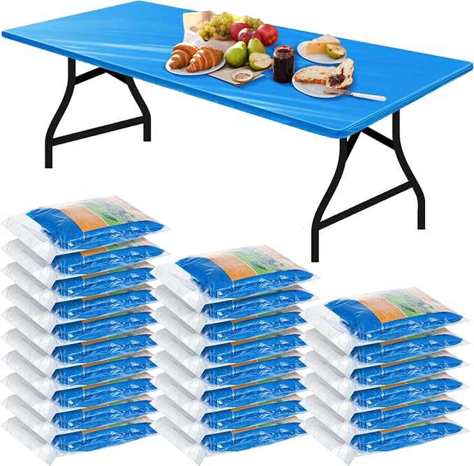 Boao 24 Pcs Summer Plastic Table Cloth Rectangle Picnic Table Covers Elastic Fitted Tablecloth, Disposable Waterproof for Camping, Indoor, Outdoor, Folding Tables (Blue,6 Ft, 72 x 30 Inch)