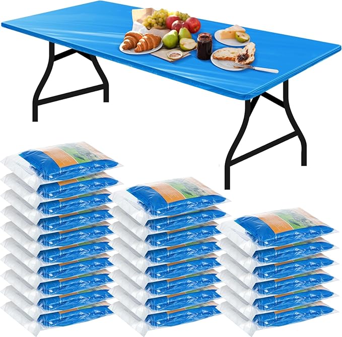 Boao 24 Pcs Summer Plastic Table Cloth Rectangle Picnic Table Covers Elastic Fitted Tablecloth, Disposable Waterproof for Camping, Indoor, Outdoor(8 Ft, 96 x 30 Inch,Blue)
