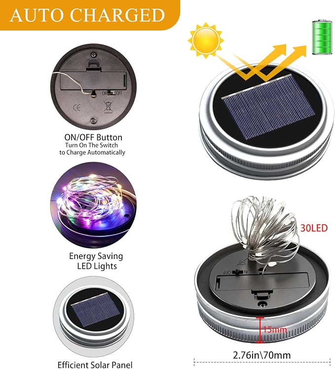 Solar Mason Jar Lights, 12 Pack 30 LED Firefly Fairy String Lights, Waterproof Outdoor Solar Mason Jar Lid Lights with Hangers(NO Jars) for Patio Garden Yard Wedding Decoration - Multicolor