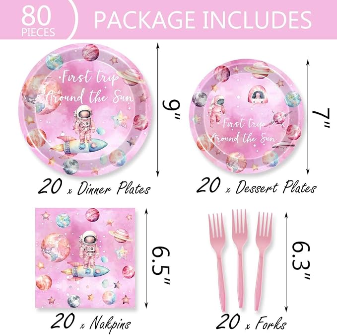 198 Pcs First Trip Around The Sun Birthday Decorations Pink Outer Space One Year Old Tableware Includes Backdrop, Banner, Cake Cupcake Topper, Plates, Cups, Tablecloth for Space Theme 1st Birthday