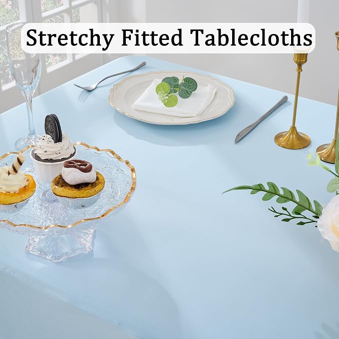 2Pack Baby Blue Spandex Table Clothes for 6 Foot Rectangle Tables, Fitted Table Cover 6ft Stretch Tablecloths Desk Skirt for Parties Weddings Birthday Banquet Baby Shower