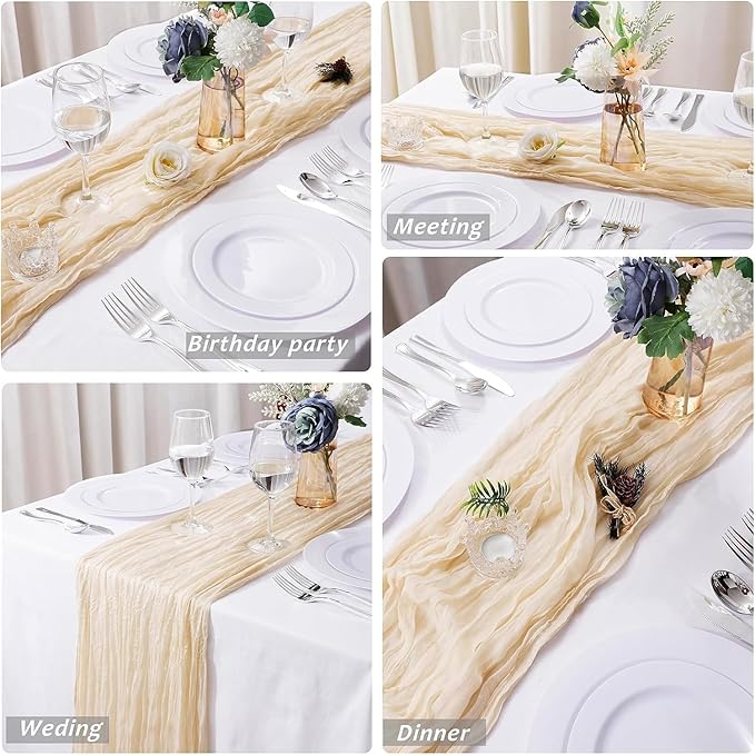 12 Pack Beige Cheesecloth Table Runner, 35x120 Inch Spring Gauze Cheese Cloth Table Runners 10 FT Beige Table Runner for Wedding Baby Shower Birthday Party Table Decors