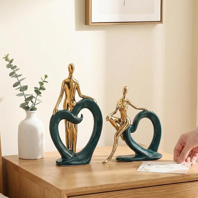Ceramic Statues Aesthetic Abstract Couple and Heart Sculpture Modern Home Decor Decorative Statue for Living Room Bedroom Bookshelf Table Centerpiece Office (Green and Gold)